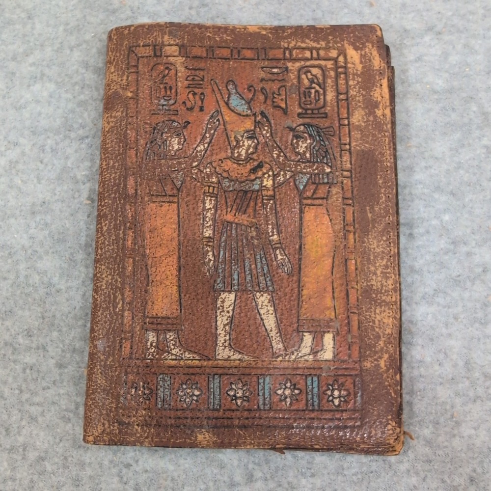 Vintage Egyptian Revival Hand Painted Leather Bifold Wallet Brown Camel Leather - Picture 1 of 6